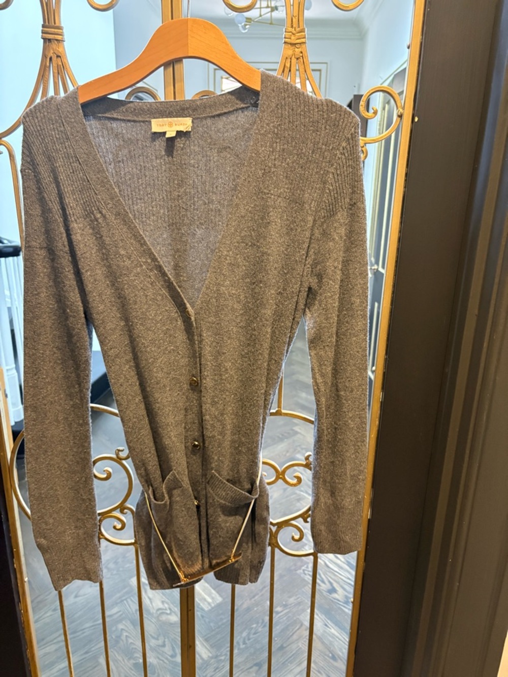 Tory Burch Gray Melange V-Neck Cardigan gold large AS IS fuzz no holes